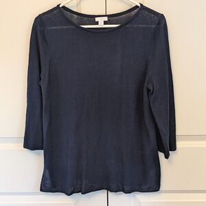 J. Jill Womens Size Medium Petite Navy Blue Linen Blend 3/4 Sleeve Knit Sweater